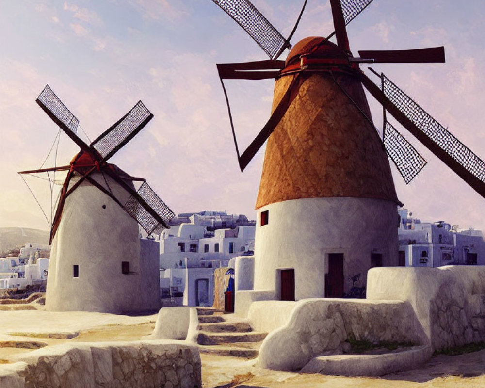 Iconic Greek Windmills Against White Buildings and Blue Sky