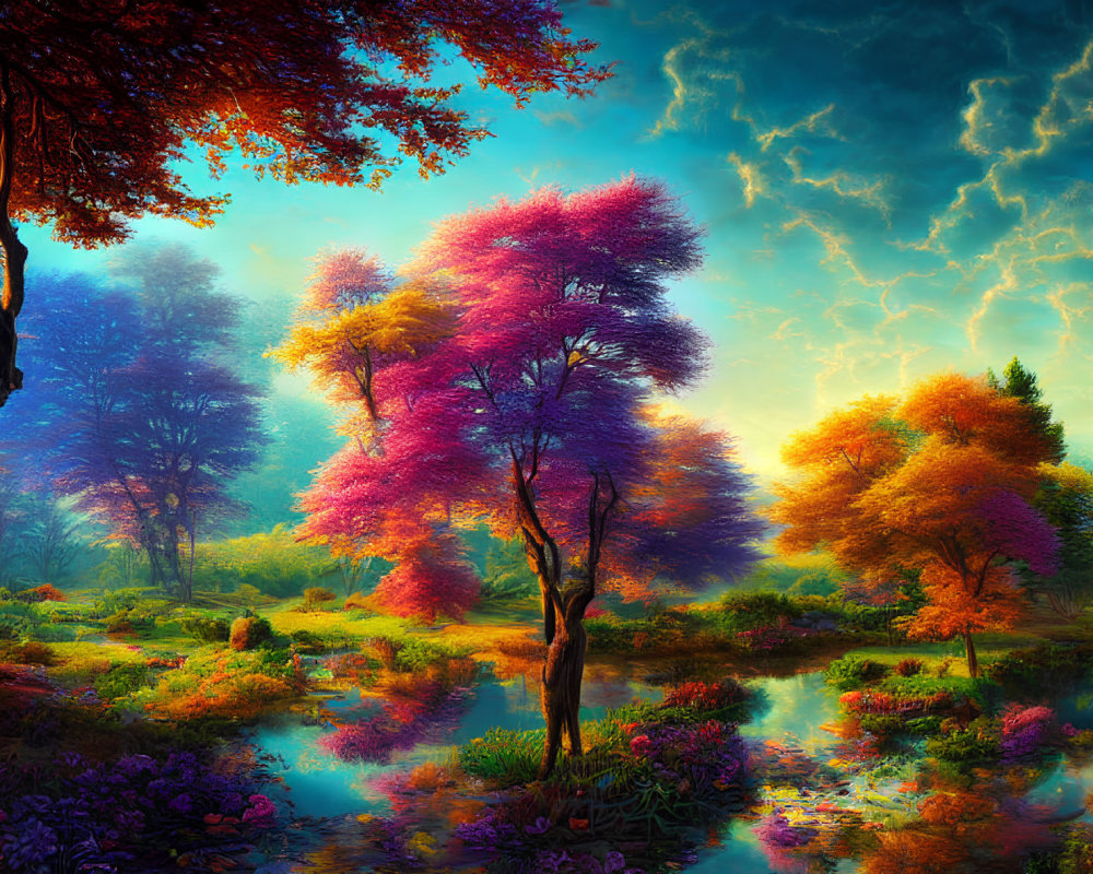 Colorful landscape with vibrant trees, serene river, and stormy sky.