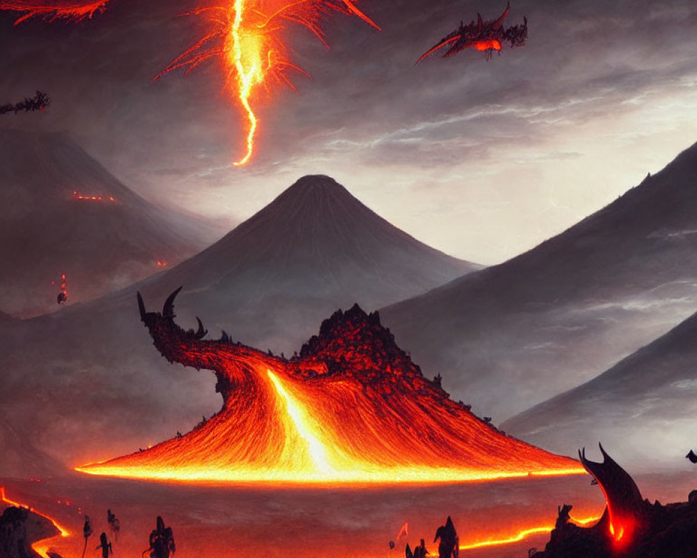 Erupting volcanoes and lava flows in apocalyptic landscape