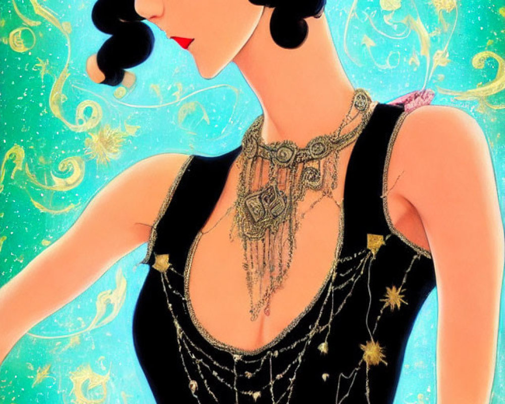 1920s fashion woman illustration with beaded headband and flapper dress