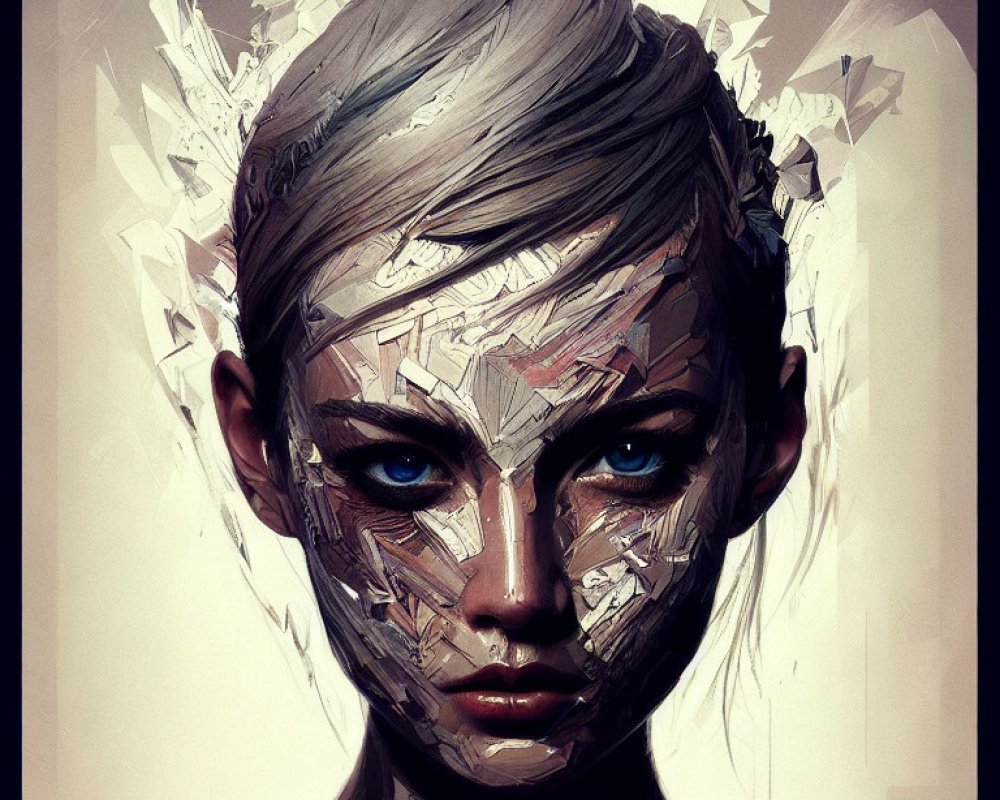 Futuristic digital art portrait with shattered glass design