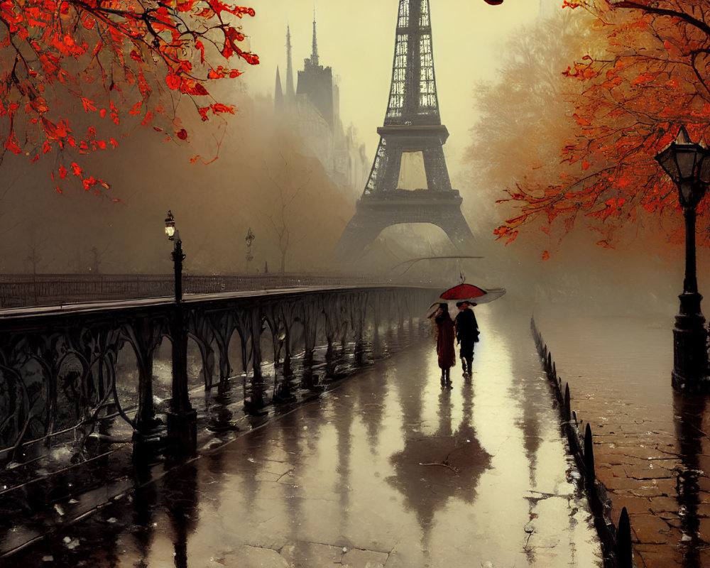 Person with red umbrella walks by wet path with autumn leaves and Eiffel Tower in misty background