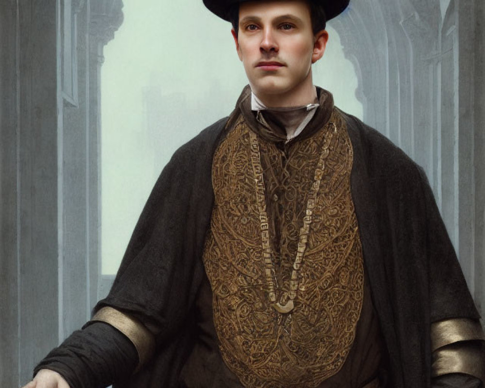 Historical costume person with sword, ornate vest, and hat in front of stone doorway