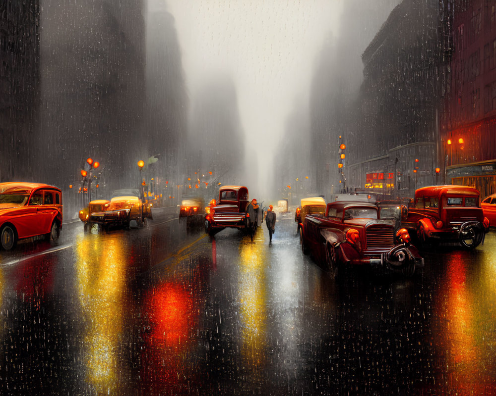 Vintage cars and pedestrians on rainy street under glowing streetlights