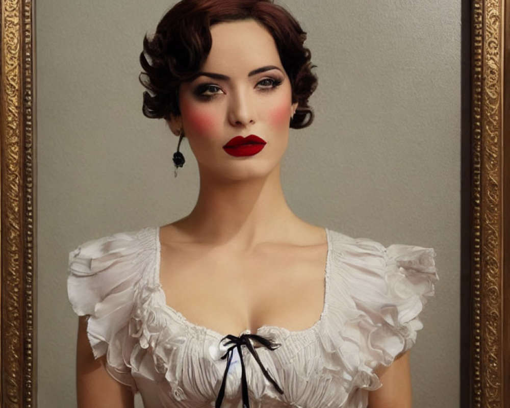 Vintage-Style Portrait of Woman with Styled Hair and Red Lipstick