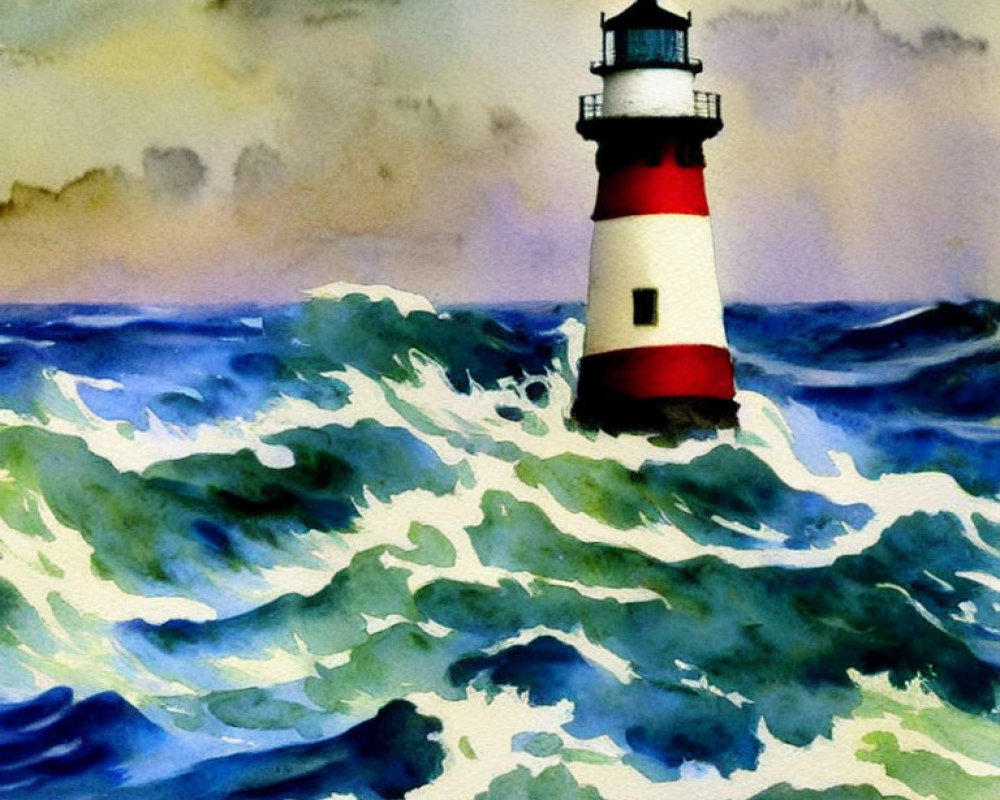 Red and white lighthouse in stormy sea watercolor art