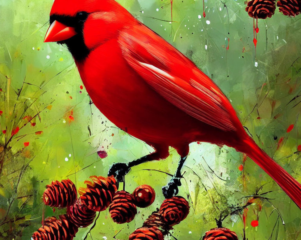 Detailed illustration of red cardinal on pine branch against green background