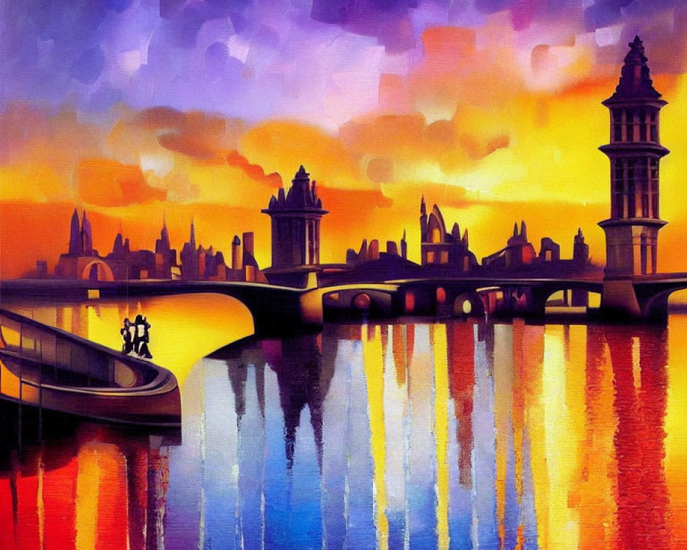 Colorful cityscape painting at sunset with silhouette buildings, bridge, and figures reflected.