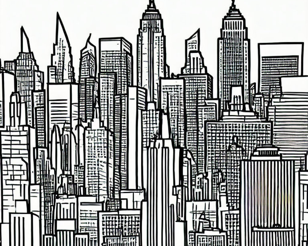 Monochrome line drawing of dense urban skyline with skyscrapers