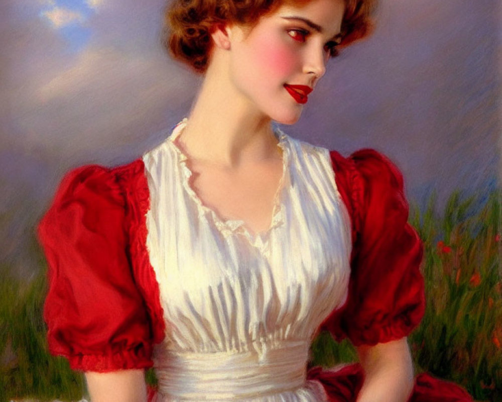 Vintage Painting: Woman in Red Puffed Sleeves and Ivory Dress