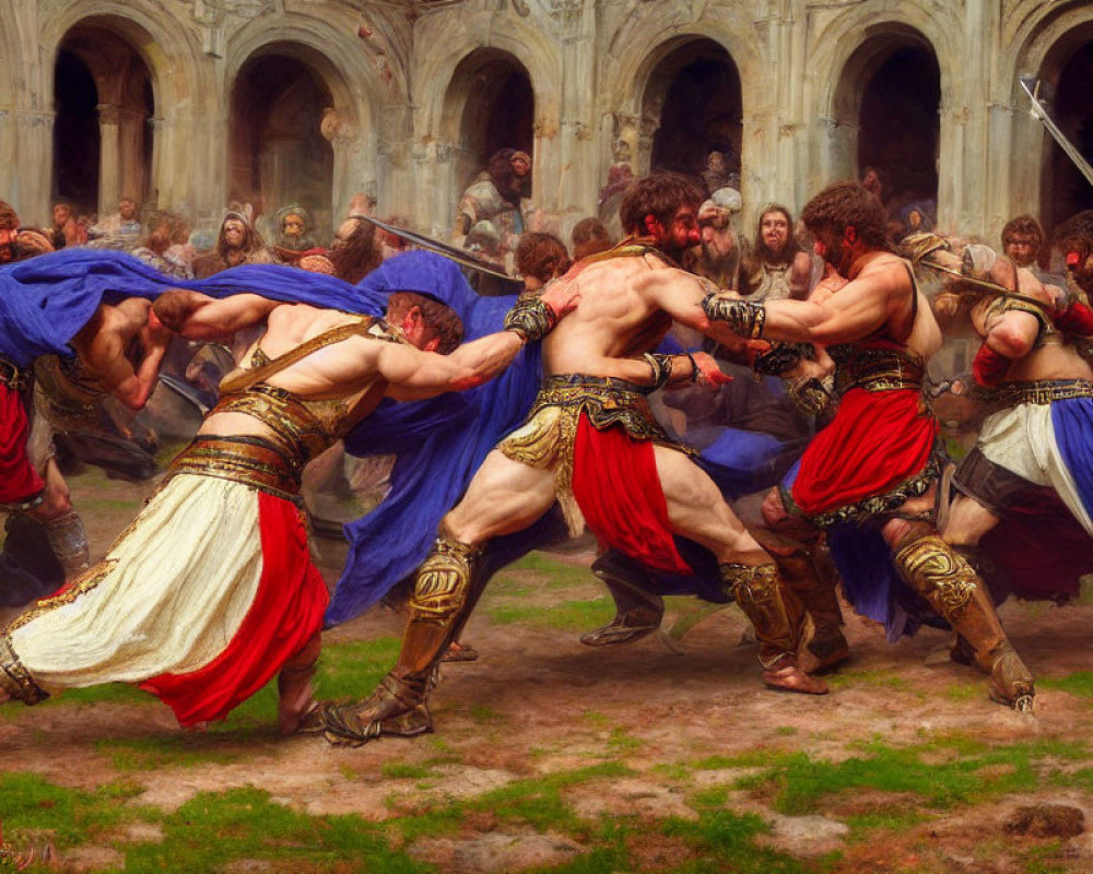 Muscular warriors in close combat in ancient stone cloister ruins