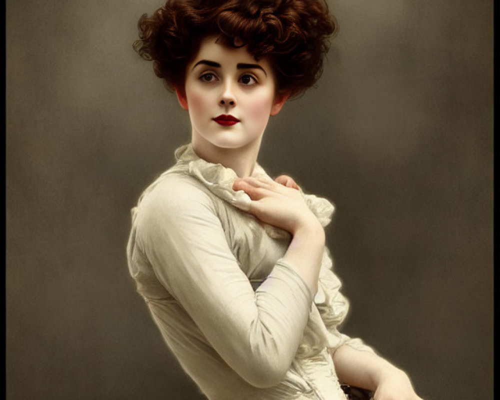 Vintage Portrait of Woman with Voluminous Hair in High-collar Blouse