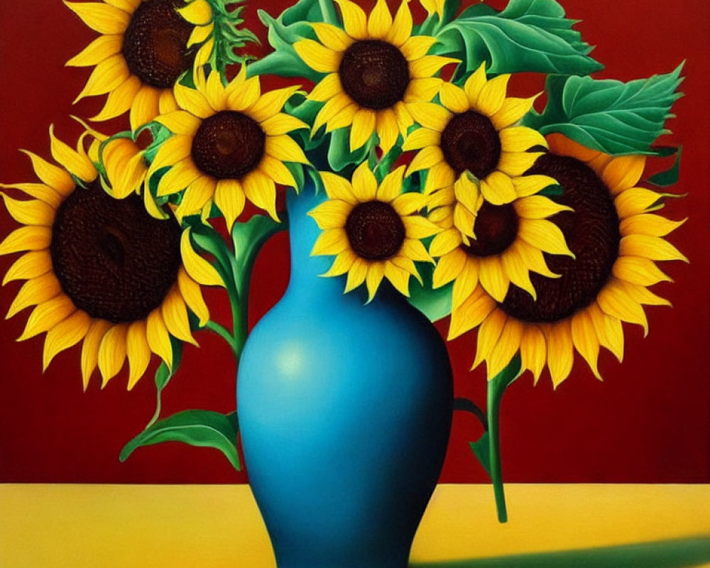 Colorful Sunflower Bouquet in Blue Vase on Red and Yellow Background