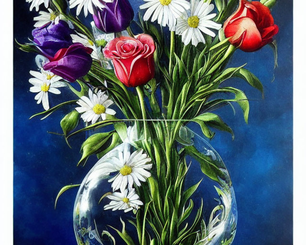 Colorful floral still life painting with transparent vase and various flowers on blue backdrop