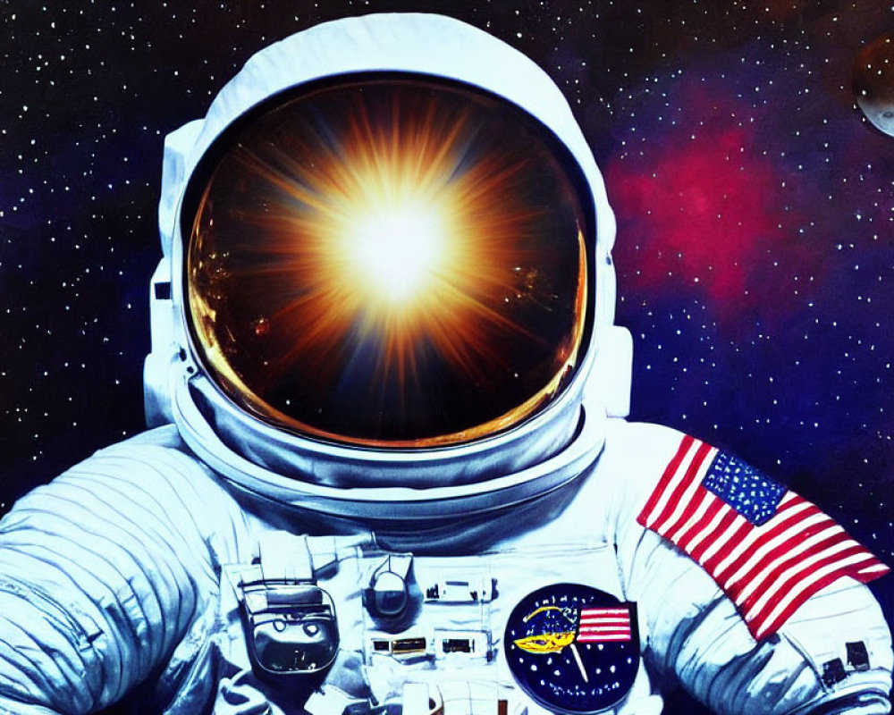 Astronaut in space suit with reflective visor, American flag, stars, distant planet