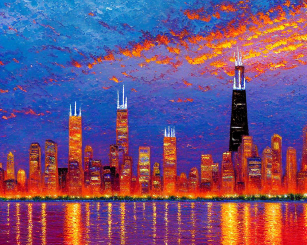 Impressionist-style cityscape painting at sunset with water reflections