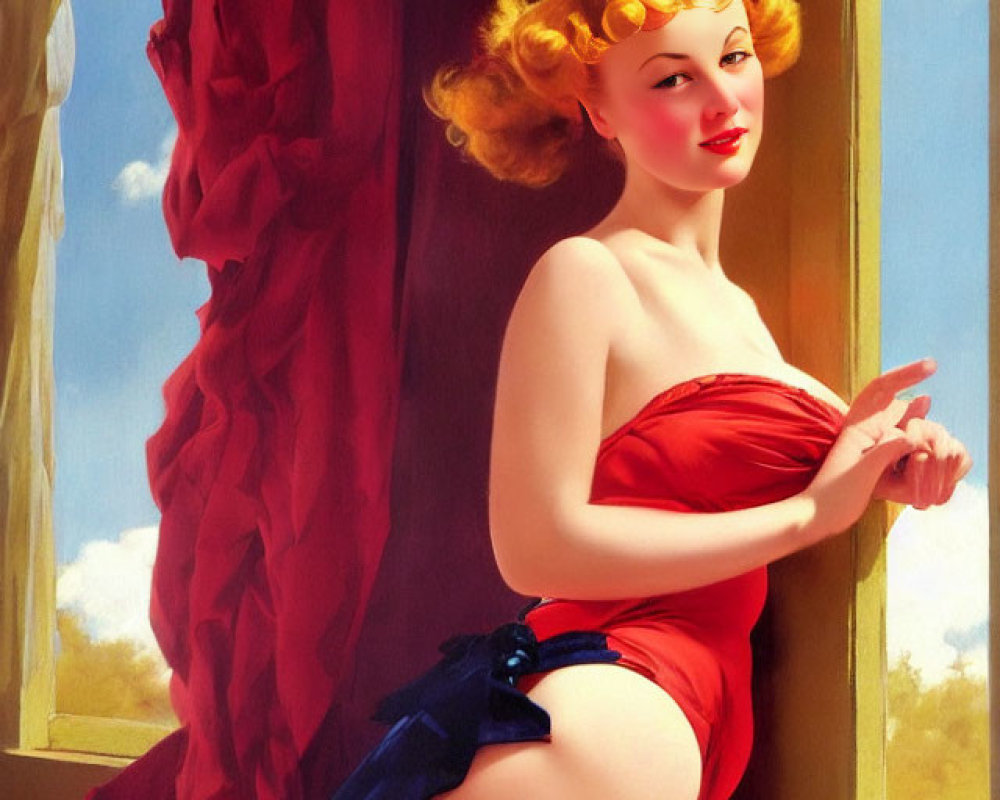 Vintage pin-up illustration of a smiling blonde woman by a window in red top and blue shorts.