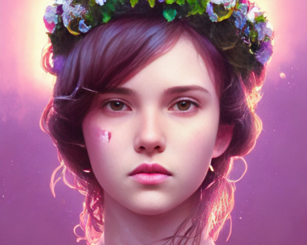 Digital portrait of a woman with flower crown, intense eyes, and scar on cheek on purple background