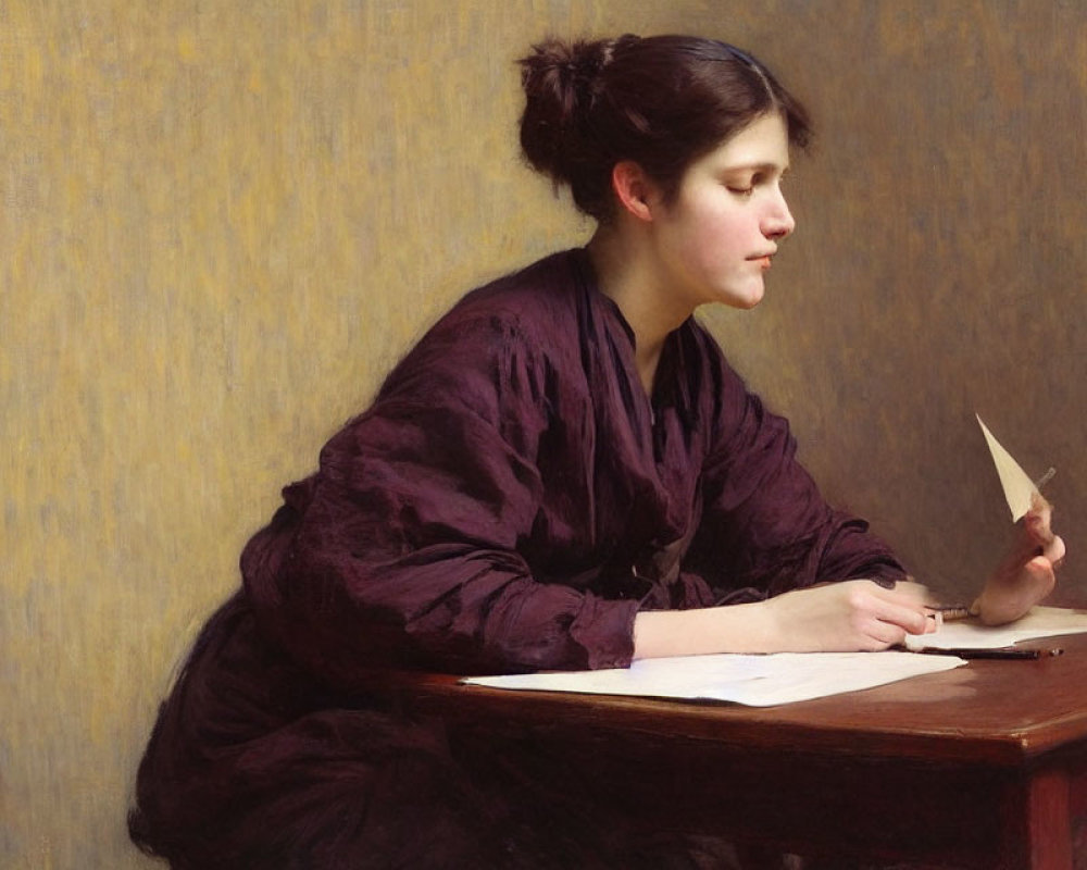 Woman in Purple Dress Reading Letter at Wooden Table