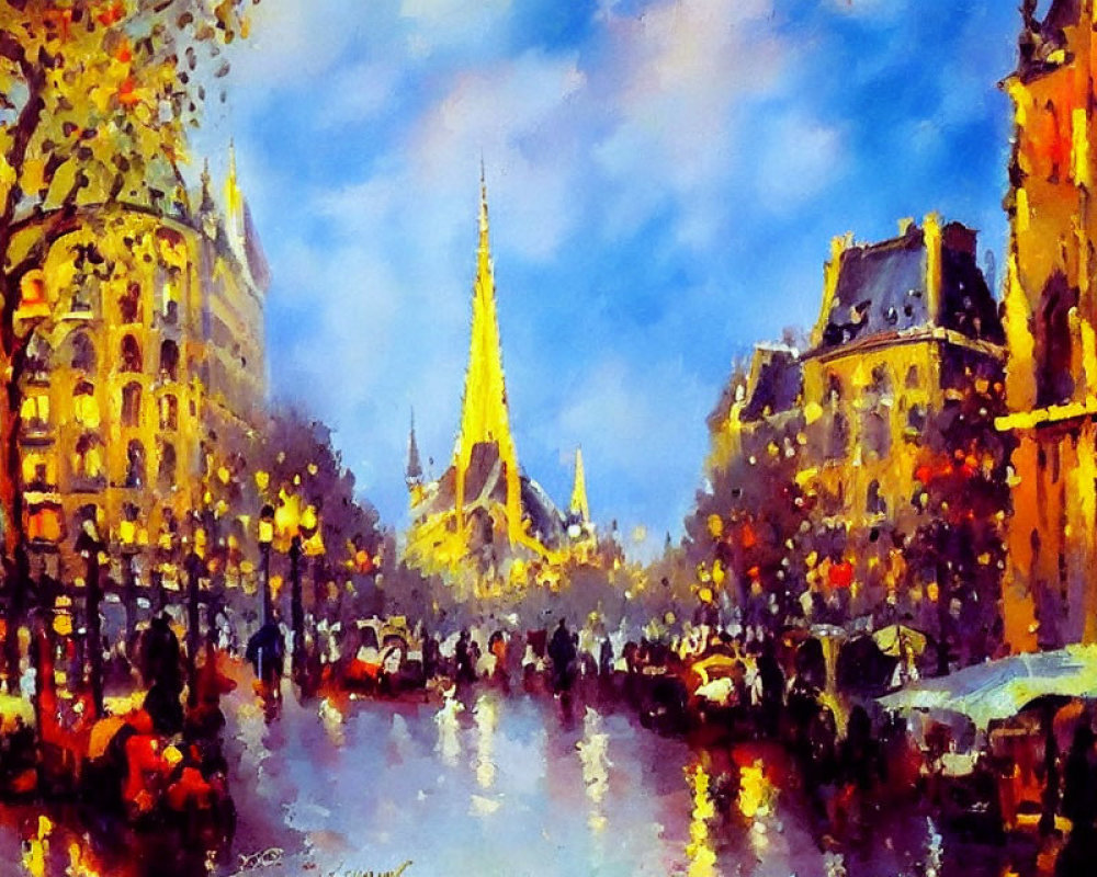 Vibrant Paris Street Scene with Eiffel Tower in Impressionist Style