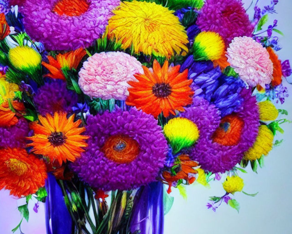 Colorful Flower Bouquet in Purple Vase on Soft Purple Background