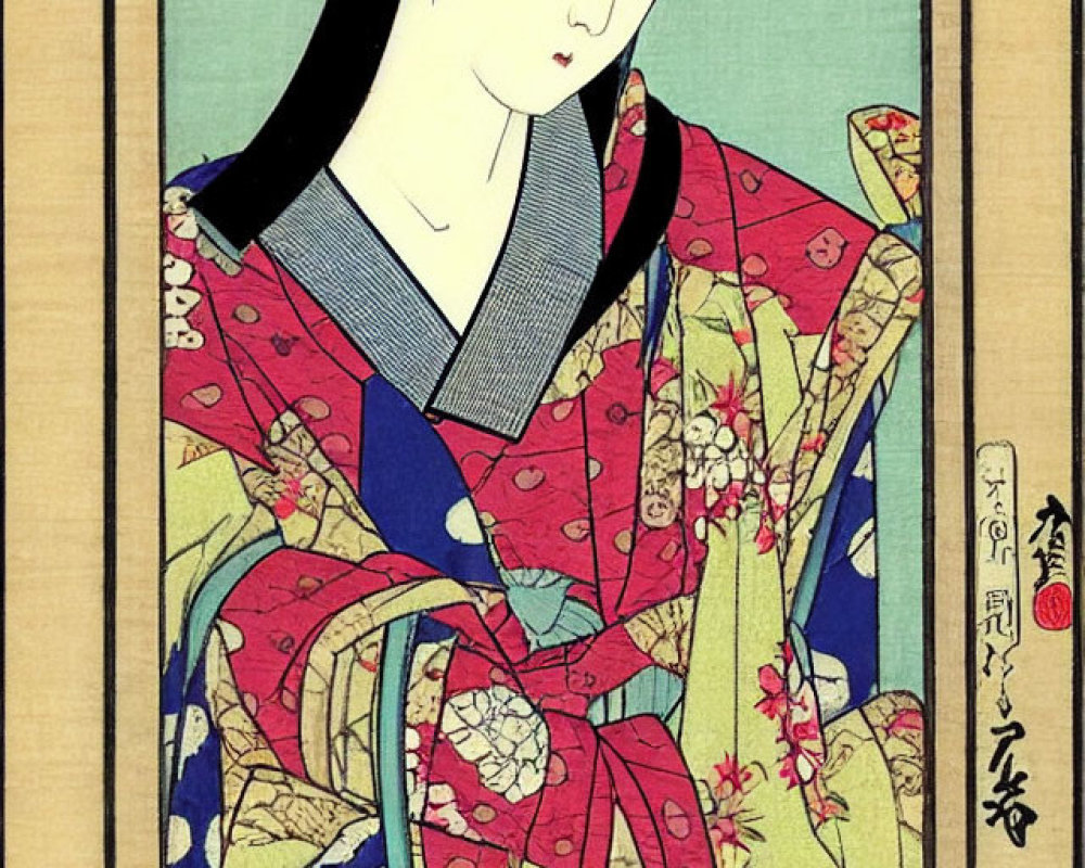 Traditional Japanese Woodblock Print of Geisha in Floral Kimono