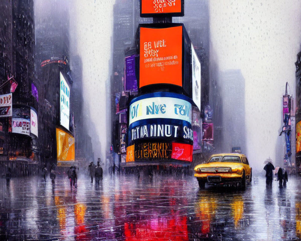 Snowy Times Square with Digital Billboards and Yellow Cab