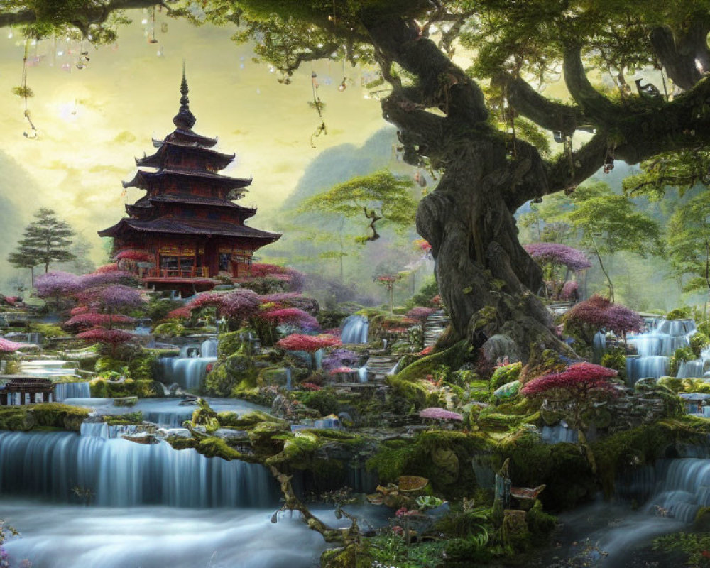 Tranquil landscape with pagoda, waterfalls, greenery, pink trees, and lanterns