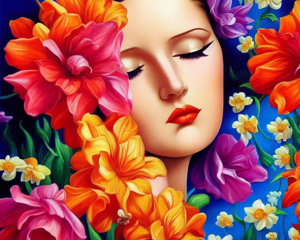 Vibrant floral portrait of a woman with closed eyes on blue background