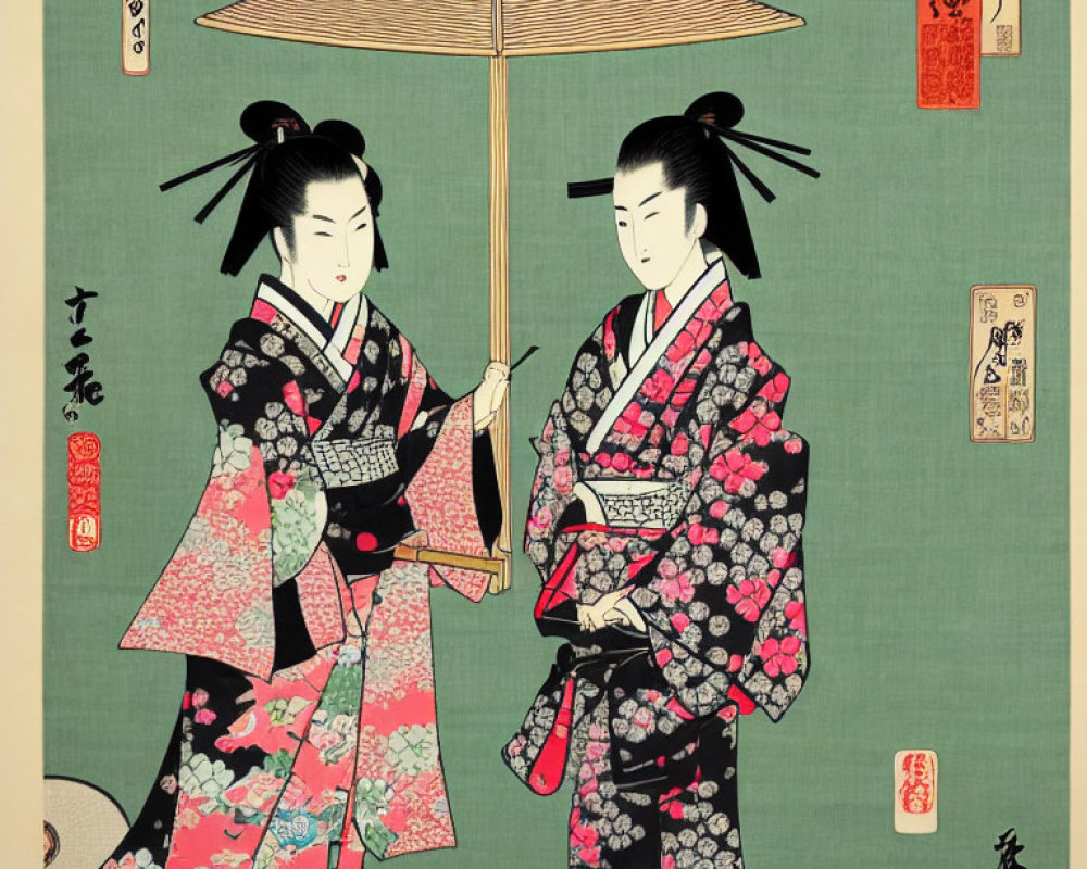 Two Geishas in Traditional Kimonos Sharing Umbrella Against Green Background with Japanese Script