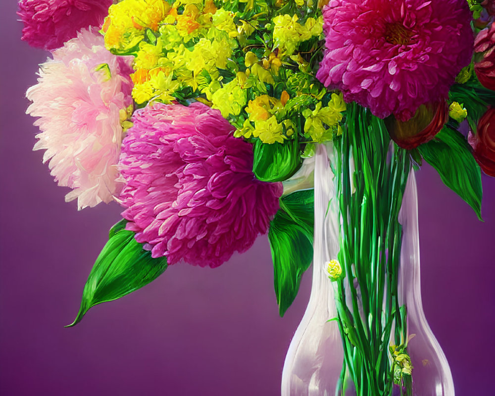 Pink and Yellow Peony Bouquet in Glass Vase on Wooden Surface