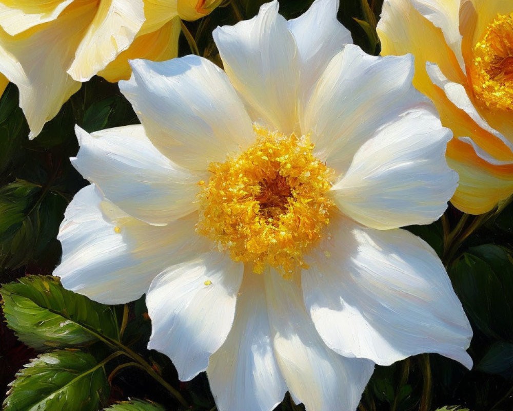 Large White Flower Painting with Golden Center and Yellow Blooms