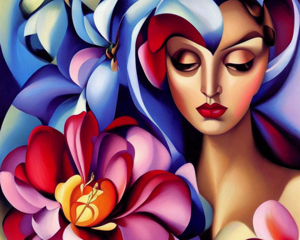 Colorful painting of stylized woman with red lips and blue headscarf amidst abstract florals