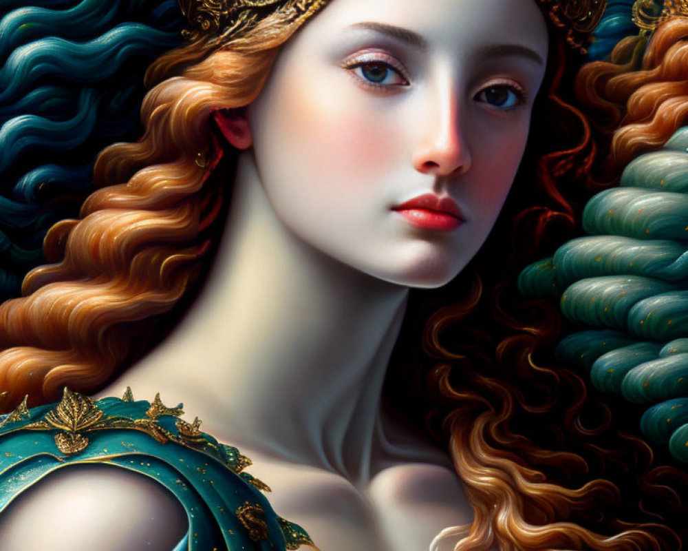 Digital artwork: Woman with auburn hair, porcelain skin, golden crown, blue and gold dress