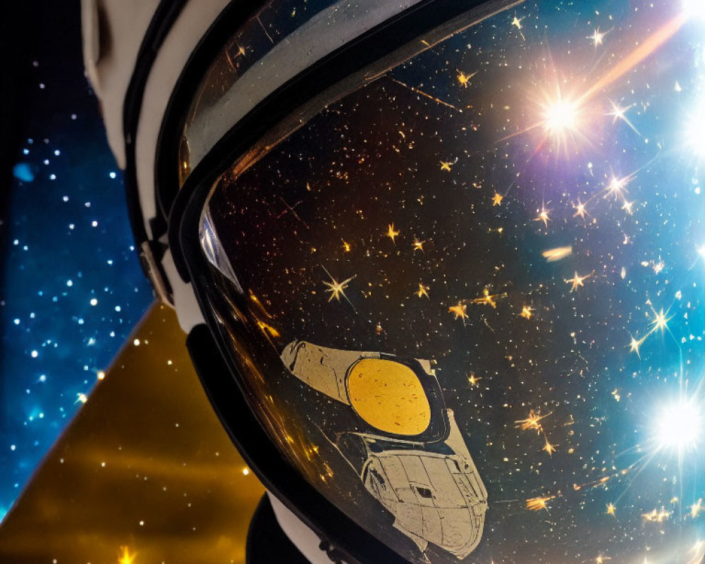 Space shuttle reflected in astronaut's helmet visor under starry sky