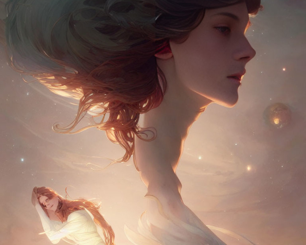 Ethereal woman with flowing hair in celestial setting