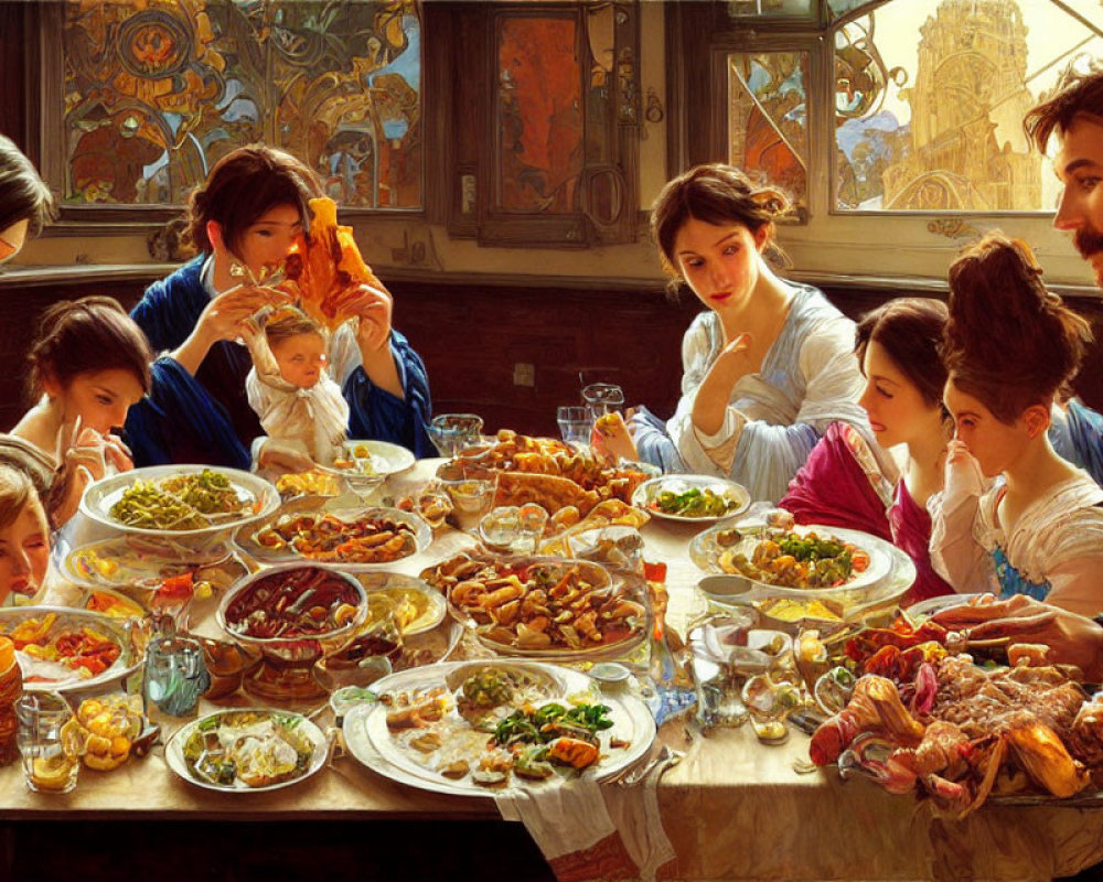 Group of People Enjoying Bountiful Feast in Room with Stained Glass Windows