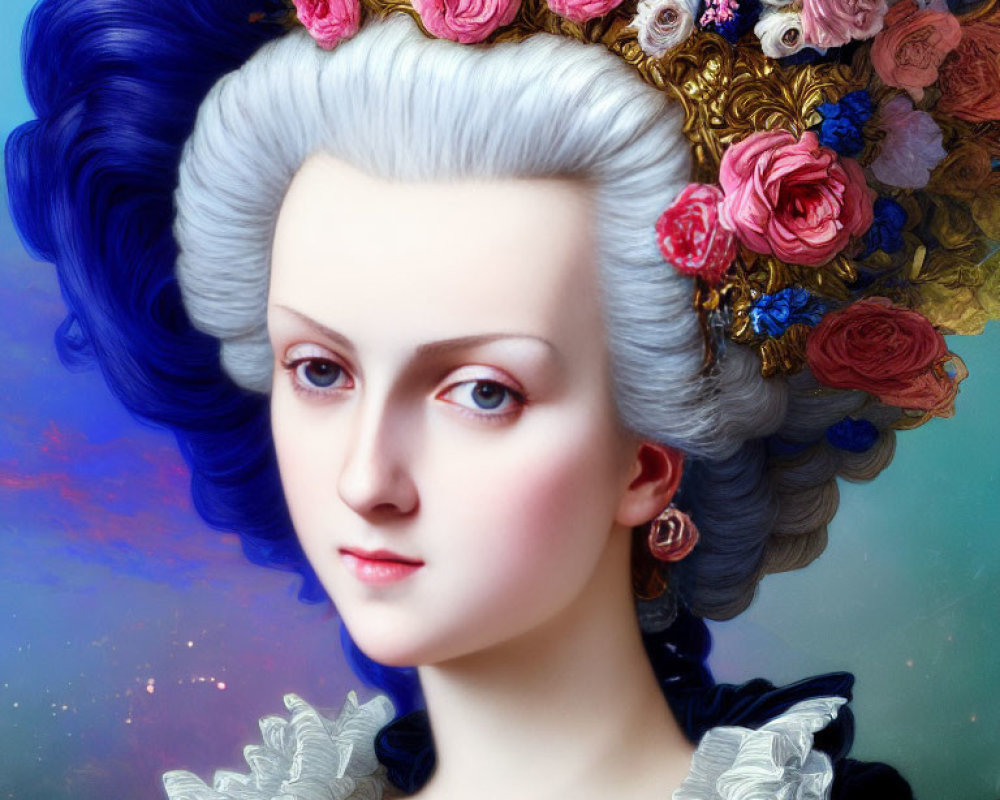 Colorful portrait of woman with blue hair, adorned with flowers and lace collar on cloud-like backdrop