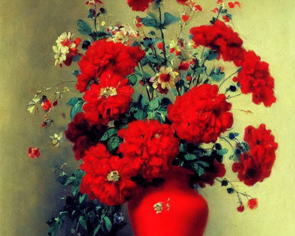 Colorful painting of red flowers in red vase on soft backdrop