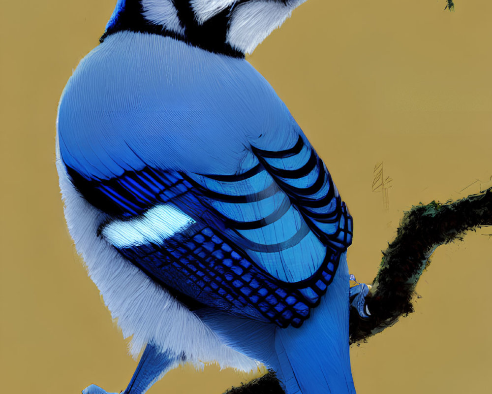 Detailed illustration of blue jays on branch with yellow background