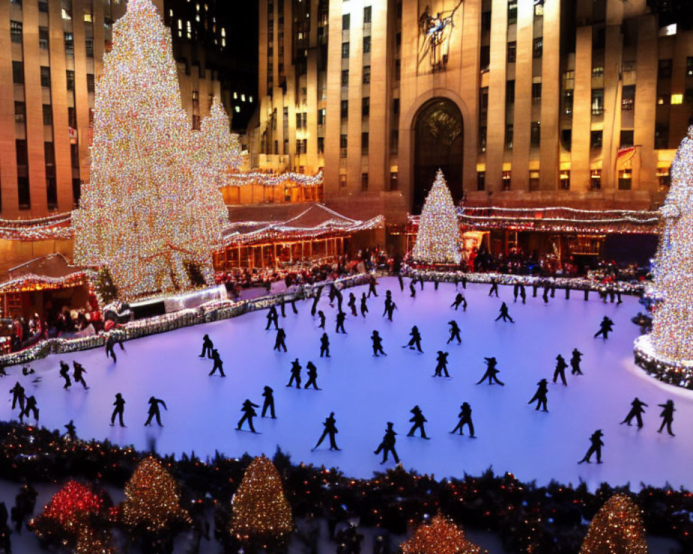 Festive outdoor ice-skating rink with Christmas tree & decorations