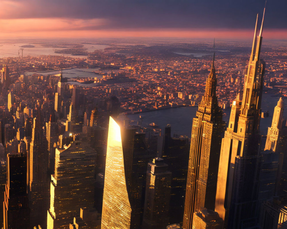 City skyline at sunset with golden-lit skyscrapers and river view