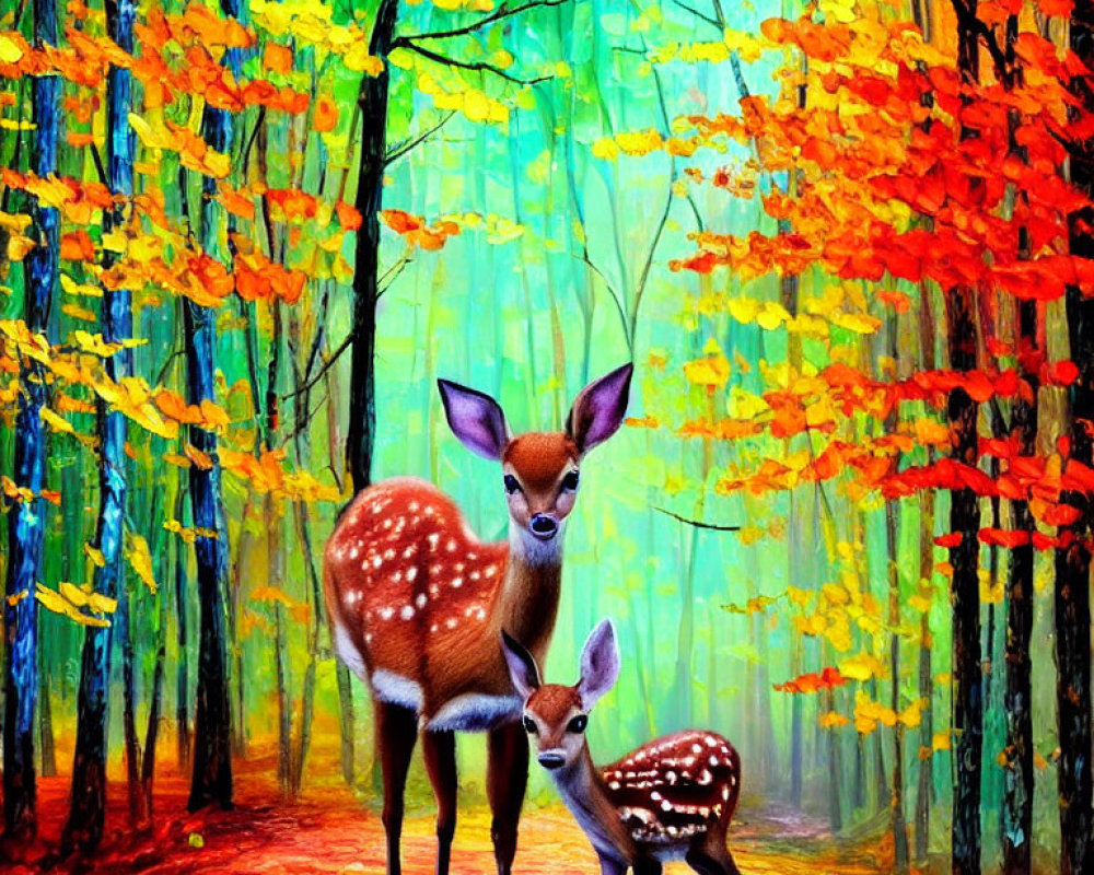 Digital Artwork: Deer and Fawn in Colorful Autumn Forest