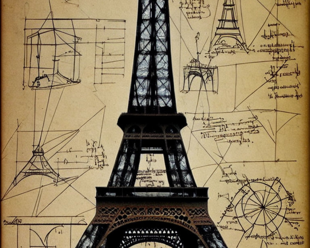 Historical architectural sketches overlay Eiffel Tower silhouette