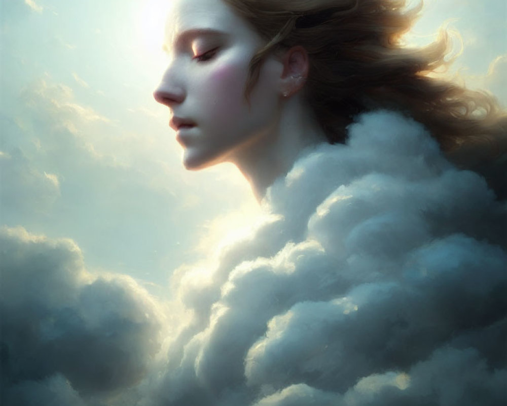 Profile of serene woman blending with soft clouds in tranquil sky, flowing hair under radiant sunbeam