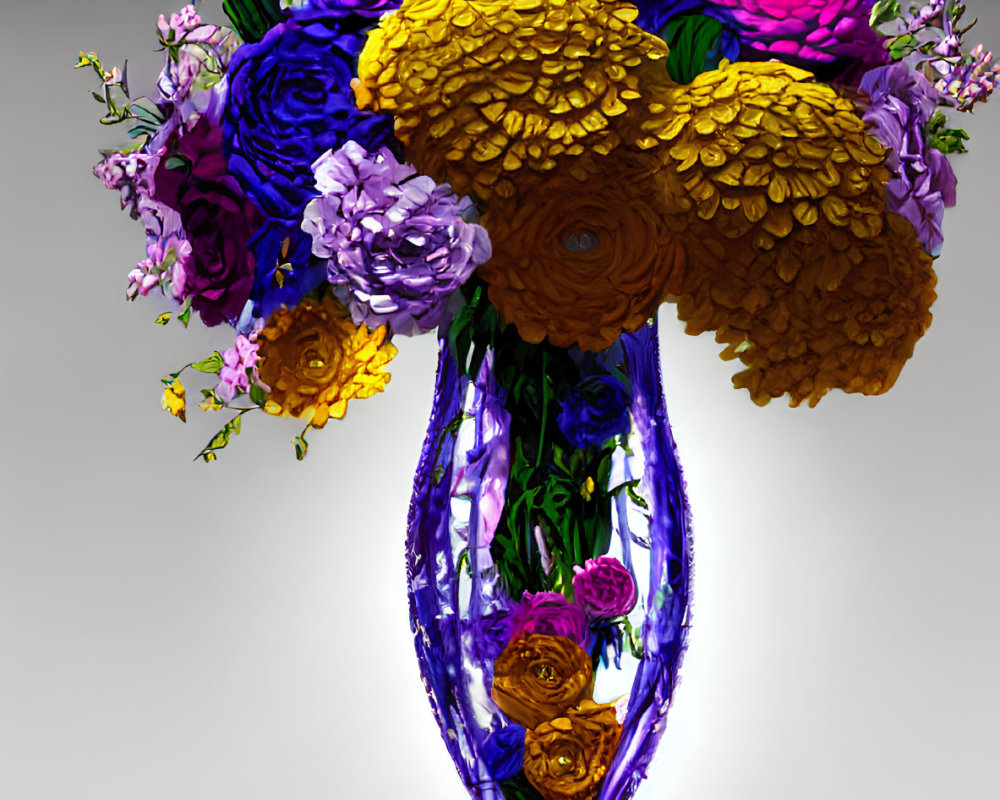 Assorted flowers in tall blue vase on neutral background