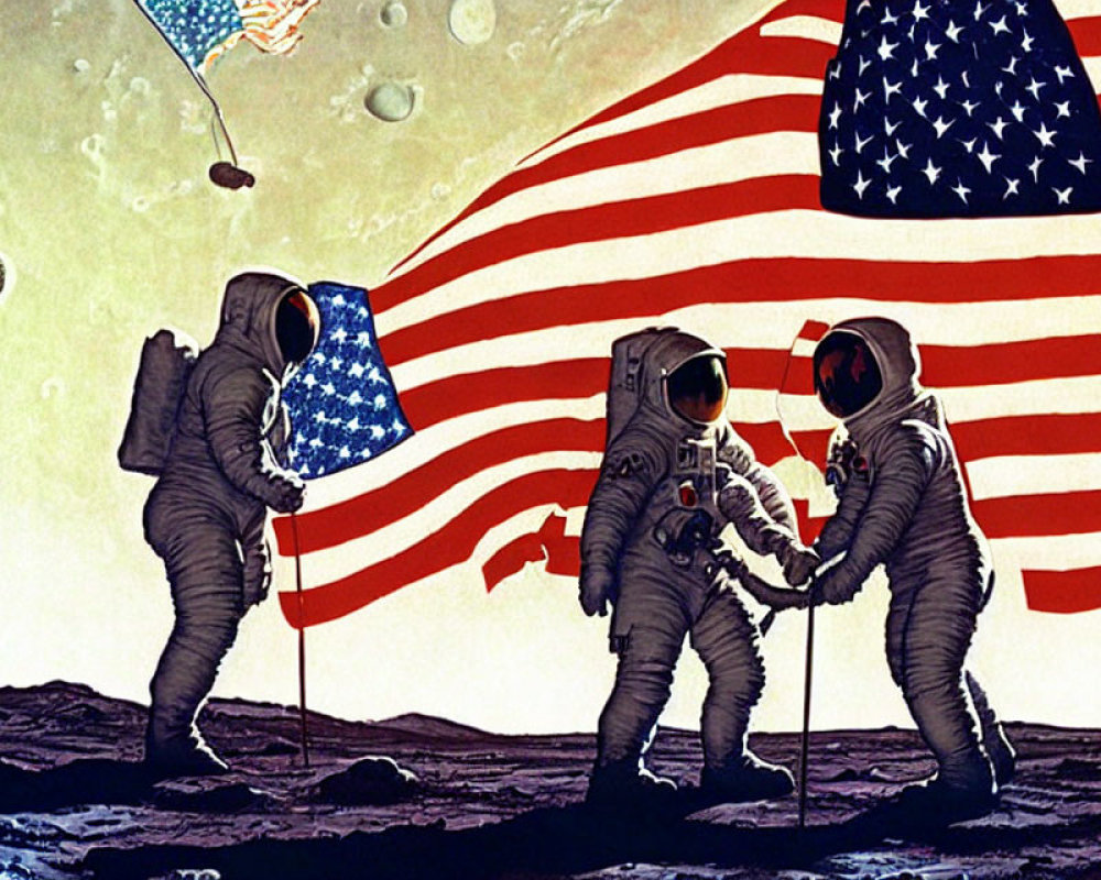 Astronauts shaking hands on lunar surface with American flag and Earth in background