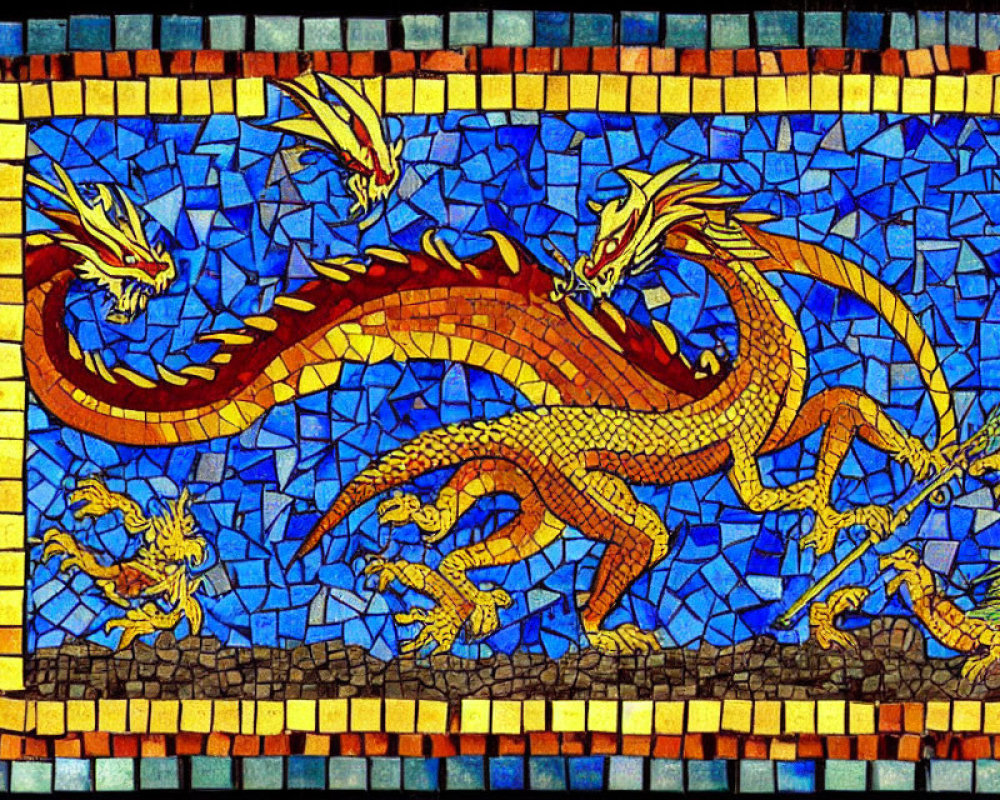 Colorful mosaic of golden dragon with multiple heads in fiery and azure hues