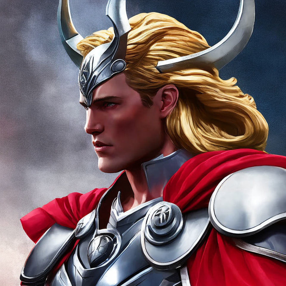 Blonde armored male character with winged helmet and red cape illustration