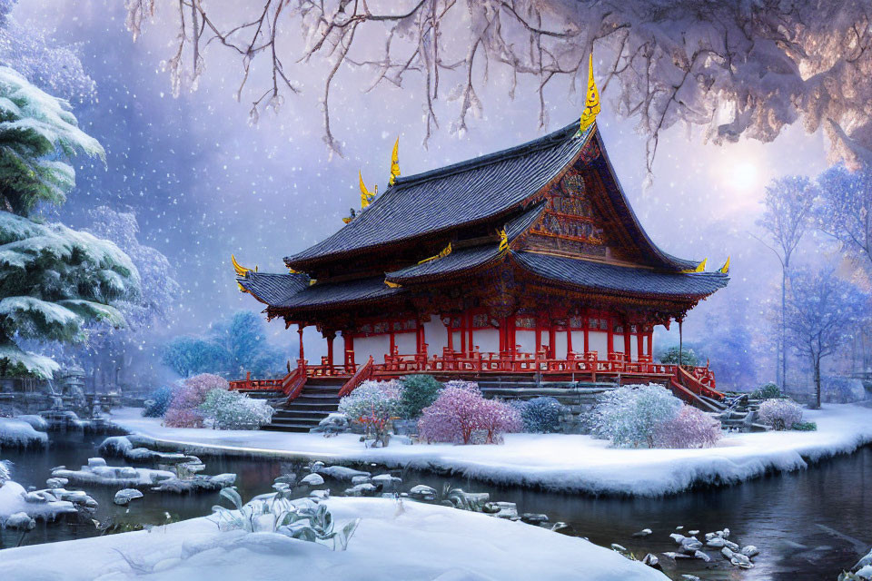 Traditional Asian Temple in Snowy Landscape with Red and Gold Details